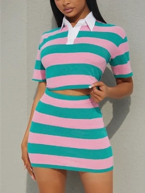 Colorblock Striped Lapel Cropped Skirt Sets
