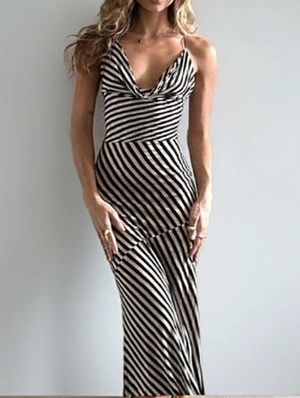 Elegant Striped Backless Sleeveless Maxi Dress