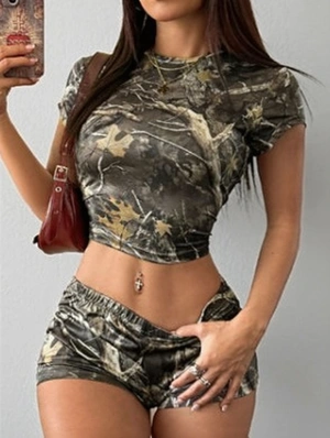 Camo Tree Vines Print Cropped Short Sets
