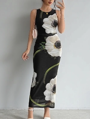 Floral Print Gauze Sleeveless Maxi Dress
