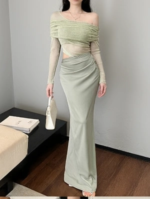 Elegant Gauze Patchwork Long Sleeve Maxi Dress