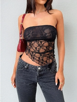 Sexy Lace See Through Asymmetrical Off Shoulder Tanks