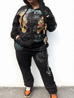 Tiger Eagle Print Zipper Hooded Pant Sets