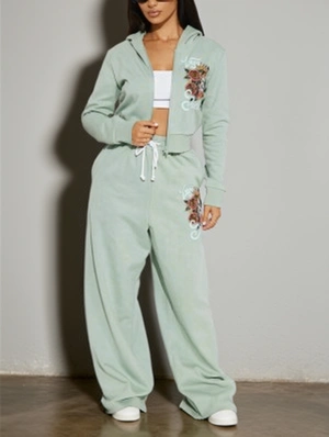 Rose Skull Flame Print Hooded Pant Sets