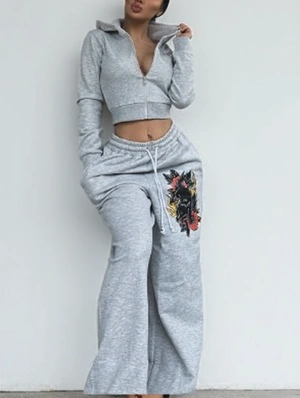 Flower Wolf Print Hooded Sweatpants Set
