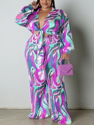 Colorblock V Neck Bandage Shirt Pant Sets