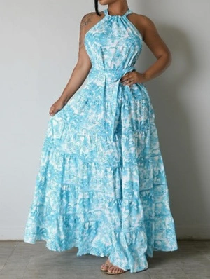 Floral Halter Backless Lace Up Maxi Dress