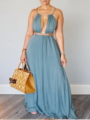 Sexy Halter Neck Sleeveless Solid Color Dress