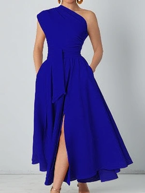 One Shoulder Waist Tie Split Hem Maxi Dress