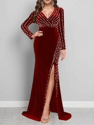 Faux Pearl Velour Split Hem Maxi Dress
