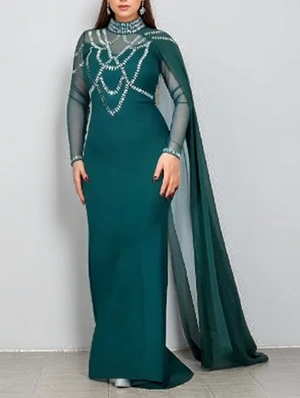 Sheer Rhinestones Draped Split Hem Maxi Dress