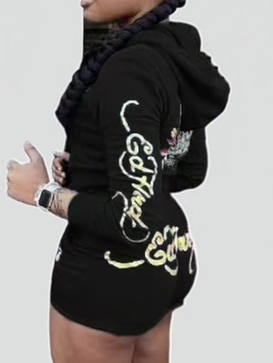 Tiger Floral Print Zipper Hooded Short Sets