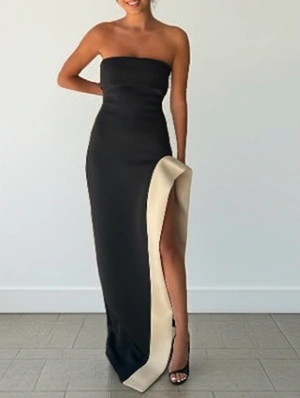 Colorblock Split Hem Strapless Maxi Dress