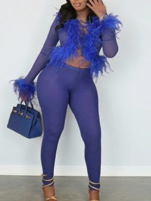 Fur Trim V Neck See Through Fitted Pant Sets