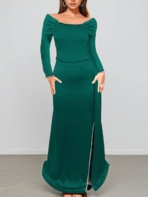 Faux Pearl Split Hem Long Sleeve Maxi Dress