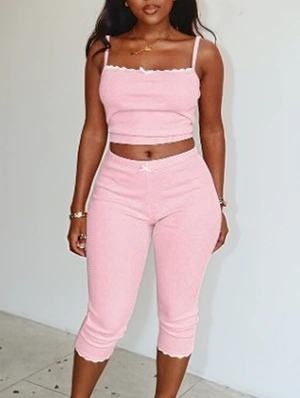 Bow Lace Detail Cropped Knee Shorts Sets