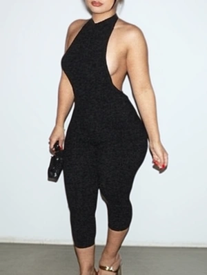 Plain Color Halter Backless Fitted Rompers