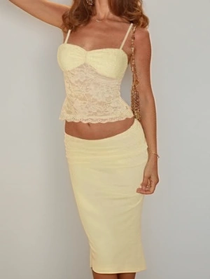 Lace Detail Sheer Cropped Tank Skirt Sets