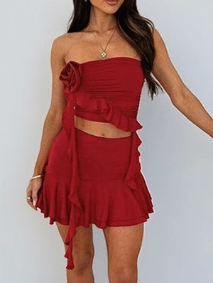 Ruched Flower Decor Tube Ruffle Skirt Sets