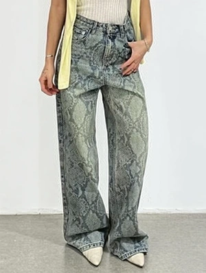 Snake Print Washed Denim Straight Jeans