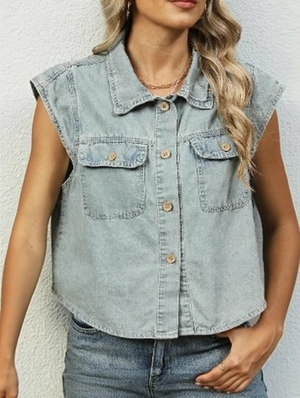 Washed Denim Lapel Flare Sleeve Vest
