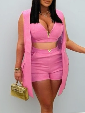 Metal Decor Cropped Shorts Vest 3 Piece Sets