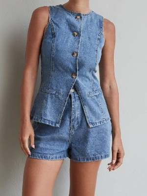 Casual Denim Button Up Vest Short Sets