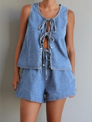 Denim Lace Up Tank Loose Short Sets