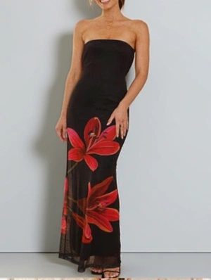 Floral Printed Strapless Lace Up Maxi Dress