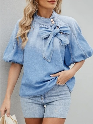 Retro Bow Deco Solid Color Denim Blouses