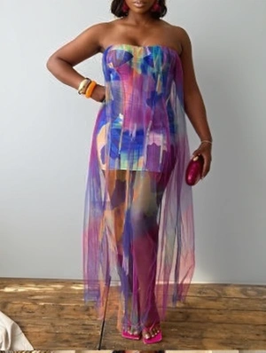 Colorblock Sheer Flowy Strapless Maxi Dress