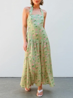 Floral Print Halter Backless Swing Maxi Dress