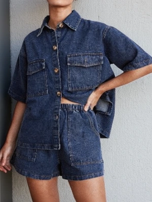 Denim Elbow Sleeve Shirt Casual Short Sets