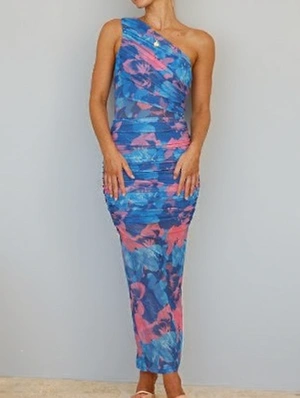 Colorblock Ruched One Shoulder Maxi Dress