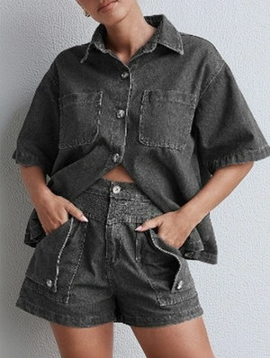 Vintage Elbow Sleeve Shirt Denim Short Sets