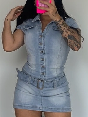 Washed Denim Lapel Mini Dress With Belt