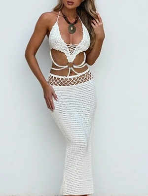 Solid Crochet Hollow-out Backless Halter Maxi Dress