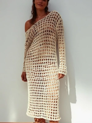 Solid Crochet Hollow-out Backless Long Sleeve Cover Ups