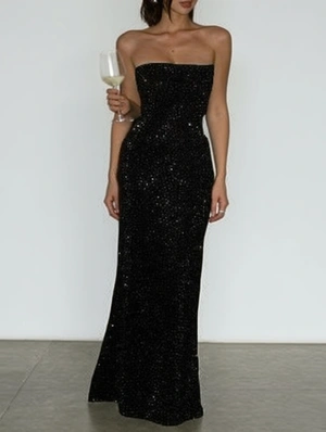 Strapless Fitted Rhinestones Maxi Dress