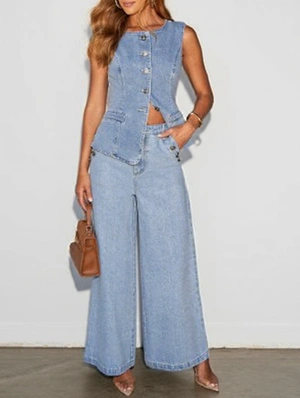 Classic Look Crewneck Sleeveless Wide Leg Denim Pant Sets
