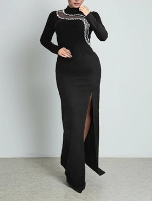 Sheer Rhinestones Split Hem Maxi Dress