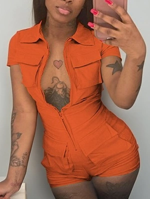 Cargo Multi Pocket Zipper Lapel Rompers