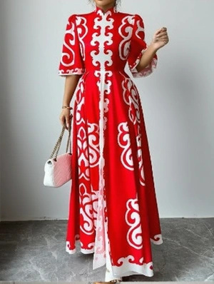 Floral Mandarin Collar Swing Maxi Dress