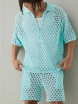 Solid Hollow-out Short Sleeve 2pcs Men Short Sets