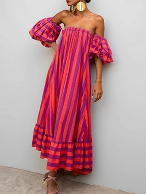 Bohemian Color Matching Striped Ruffle Maxi Dress
