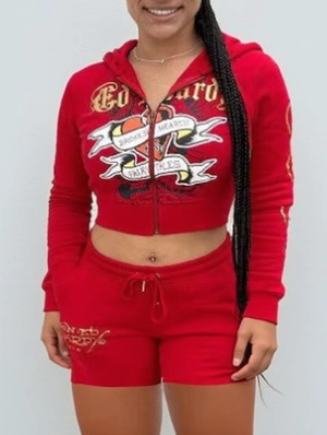 Broken Heart Print Zipper Hooded Short Sets