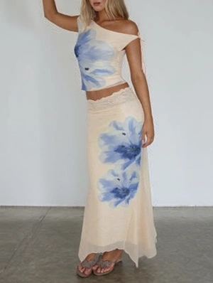 Rippled Edge Floral Lace Up Skirt Sets