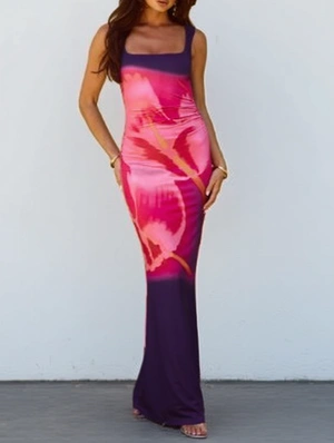 Floral Print Backless Ruched Maxi Dress