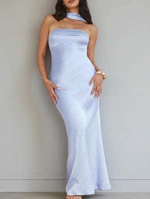 Elegant Satin Halter Backless Off Shoulder Long Dress