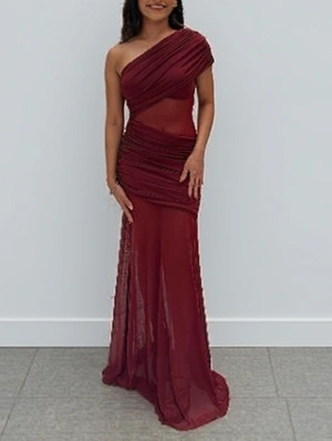 Ruched Sheer Inclined Shoulder Maxi Dress
